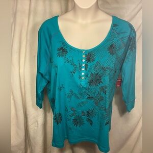 Avenue size 26/28 ribknit long sleeve Henley style with snap closure.